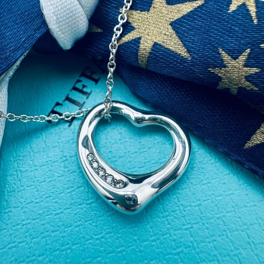 Tiffany & Co. 5 Diamond Open Heart Necklace in Sterling Silver with PACKAGING